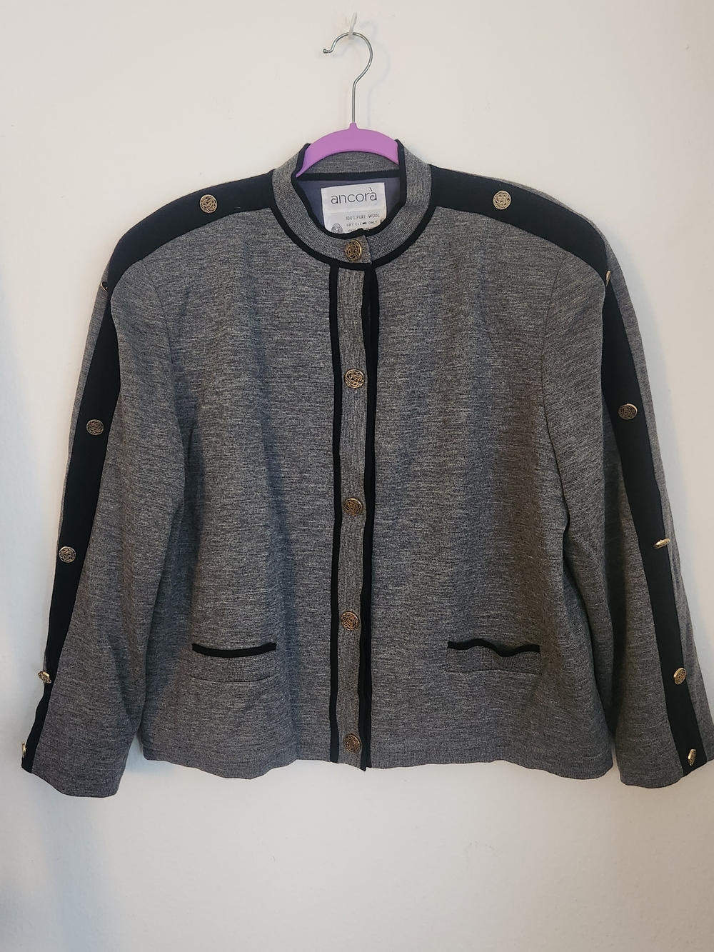 Ancora Gray Jacket with Black Trim and Gold Button Accents